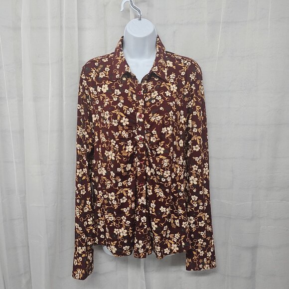 EQL by Kerrits Brown Floral Equestrian Button Down Blouse Ruched XL - Picture 11 of 11